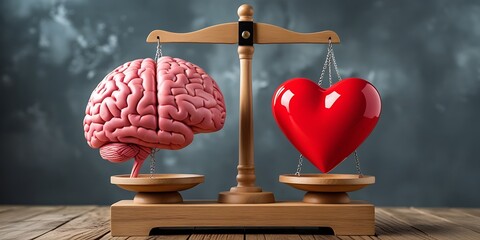 Symbolic illustration of mind versus heart on justice scale, highlighting the contrast of rational thought and feelings, ideal for mental health or life choice themes



