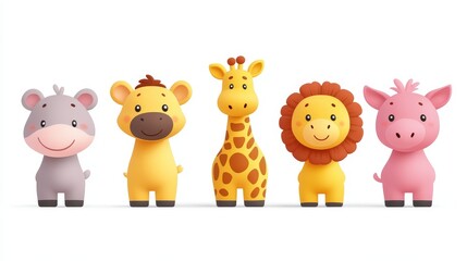 Fototapeta premium Adorable 3D pixelated cartoon animals hippo tiger giraffe lion pig standing in a row on a white background for children's education and entertainment