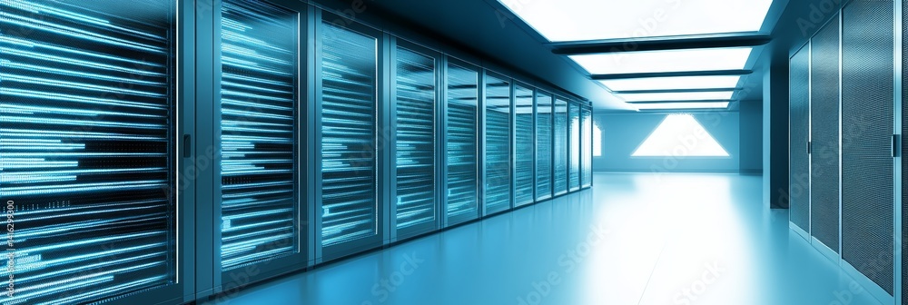 Poster data center infrastructure: modern server room with data streams and copy space cloud computing tech