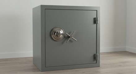 Secure Grey Steel Safe with Round Lock - A sturdy grey safe, symbolizing security, protection, privacy, confidentiality, and financial stability. Simple design for home or office