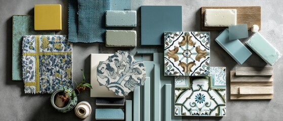 Elegant interior design mood board with artistic tiles textiles and architectural elements