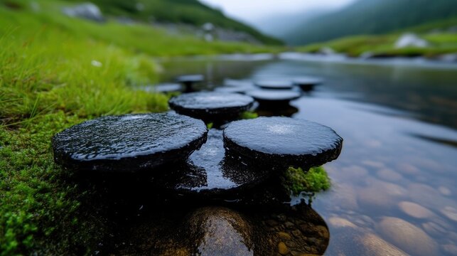 Smooth, dark stones form a stepping-stone path across a mountain stream. Lush green grass and moss border the water