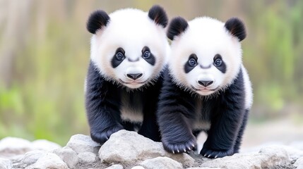 Fototapeta premium Two adorable panda cubs standing on rocks