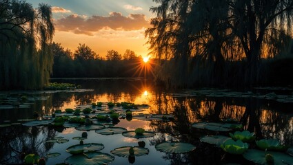 Sunset Reflecting Over Calm Lake with Lily Pads and Trees