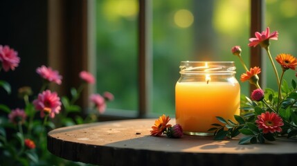 Illuminated amber candle in glass jar rests on rustic wooden surface, surrounded by vibrant autumnal blossoms bathed in soft sunlight