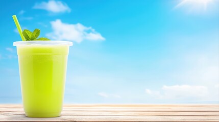 Refreshing green juice in clear cup on wooden table with blue sky