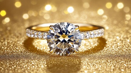 Fototapeta premium Sparkling Diamond Engagement Ring on Golden Glitter Background