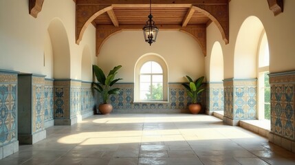 Serene Indoor Corridor with Ornate Tilework and Sunlight Streaming Through a Large Window