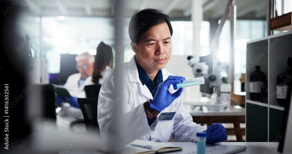 Poster man, scientist or research with medical sample for experiment trial or test results at laboratory. m