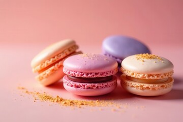 Delightful Pastel Macarons with Delicate Chocolate and Golden Dust on a Soft Pink Background