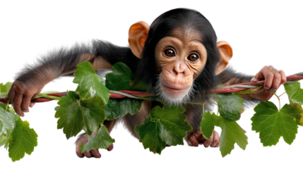 Playful Primate: A curious chimpanzee child, clings to a vine of green leaves, its captivating gaze draws the viewer into the whimsical world of this adorable baby chimp.