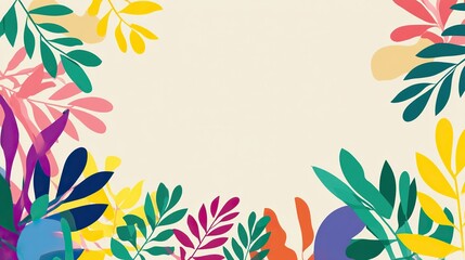 A simple flat cartoon illustration showing a variety of colorful leaves and plants on a clean light beige background, vector art, blank in the middle, and minimalist clipart style.