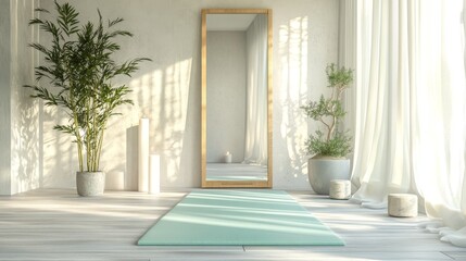 Peaceful home yoga studio setup, mint green exercise mat centered on bleached wood flooring, large standing mirror, small potted trees in concrete planters, cork yoga block, white pillar candles,