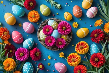 Beautiful Easter Celebration with Vibrant Zinnias and Decorative Eggs on Azure Surface