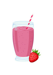 Strawberry smoothie or milkshake in glass with straw vector illustration. Stock illustration.