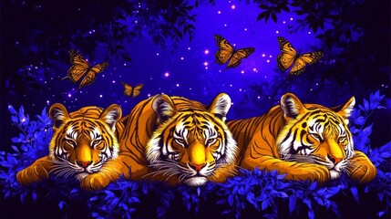 Dreamlike tiger tableau featuring luminescent butterflies amidst a mystical indigo nightscape with three majestic tigers resting calmly within enchanting flora