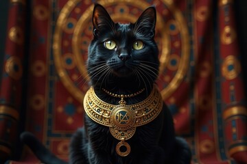 A regal black feline adorned with an ornate golden collar, sits majestically against a rich tapestry background.