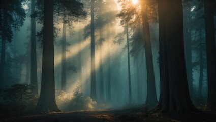 Sun Rays Piercing Through Forest Canopy Creating Ethereal and Mystical Scene