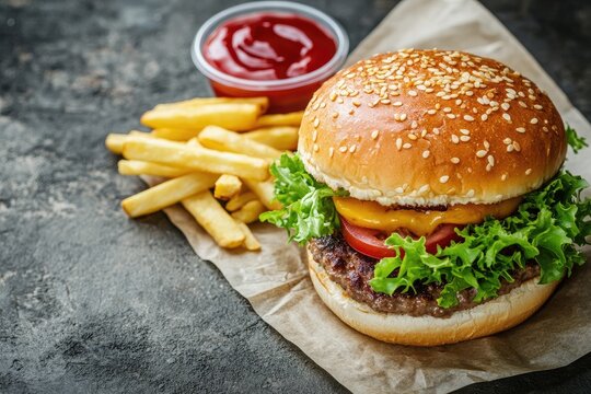 Classic cheeseburger with fries and ketchup
