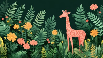 Fototapeta premium Dreamy giraffe illustration amidst lush pixelated foliage and vibrant flowers evocative of a tranquil jungle landscape with a whimsical touch