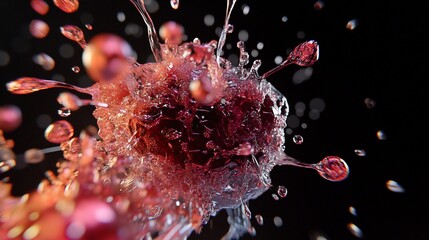 Obraz premium Crimson Liquid Explosion: A Dynamic Macro Photography of a bursting red substance against a black background, showcasing intricate details of splashing droplets and textures.