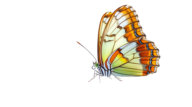 A beautiful yellow butterfly, an isolated insect with black wings, flies on a white background in summer nature