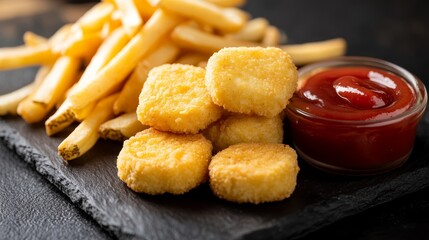 Crispy nuggets with fries and ketchup dip on slate background 