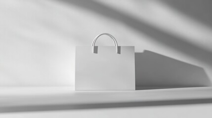 Naklejka premium White paper bag on shelf, sunlight shadows. Mockup for branding