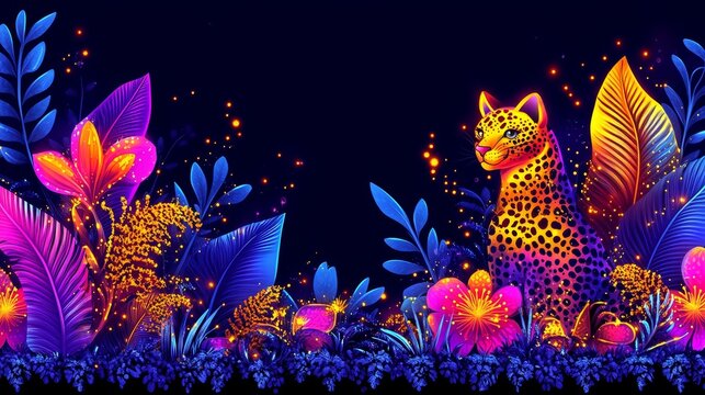 Vibrant illustration featuring a cat amidst luminous botanical elements on a dark backdrop creating an enchanting and captivating visual experience