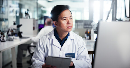 Computer, scientist and thinking with man, tablet and healthcare for medical research or test...