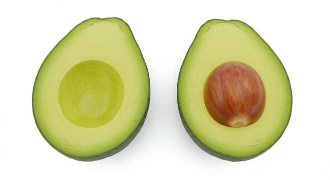 Two avocado halves showcasing pit and pitless on white background