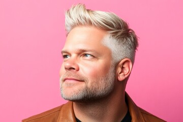 Obraz premium Pink solid background. An elegant midlife gentleman smiling gracefully. Elegant men's mid fade haircut - midlife white man with blond hair. Visual idea art of style for aging men.