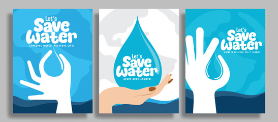 Save water poster clipart set. Let's save water campaign clip art flyers with hand and waterdrop drawing banner collection vector illustration. 
