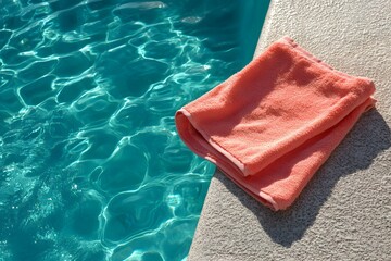 A bright coral towel sits on the edge of an in-ground pool, resting next to the clear blue water