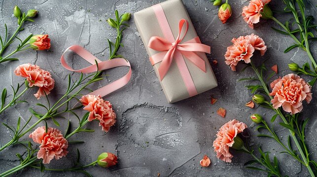 May mothers day handmade giftbox wishes photography - Beautiful blooming carnations with pink ribbon box isolated on fair-faced gray background  HD 8K wallpaper Photographic Image