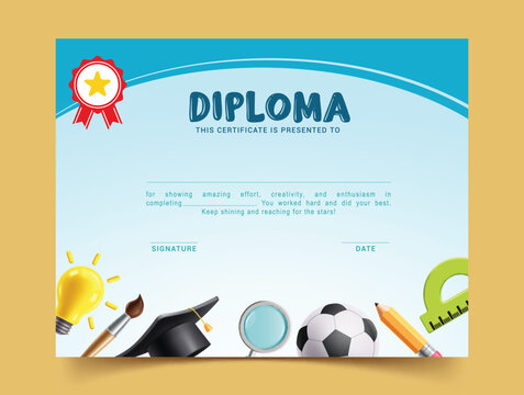 School diploma certificate template clipart. School graduation award editable clip art for kindergarten, preschool and primary achievement diploma layout vector illustration. 
