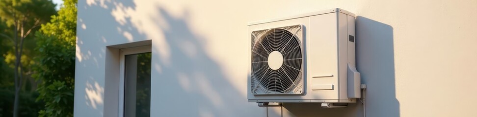 Sleek heat pump mounted on building's external wall, renewable, efficient