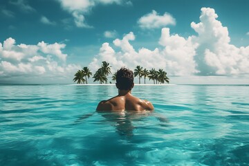 A cinematic shot of the back view of a muscular man swimming in crystal-clear blue water on an island with palm trees. The scene is set on a sunny day with white clouds in the sky