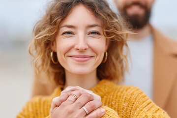 Joyful woman smiling with a partner at beach lifestyle photography outdoor scene