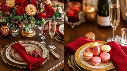 Elegant Table Setting with Red Roses and Champagne Glasses, Featuring Macarons and Decorated Plates for a Romantic Dinner or Special Occasion
