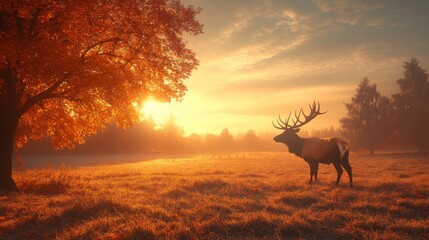 Naklejka premium Majestic stag silhouette standing amidst golden autumn scenery during sunrise with glowing sky and tree casting deep shadows across meadow landscape
