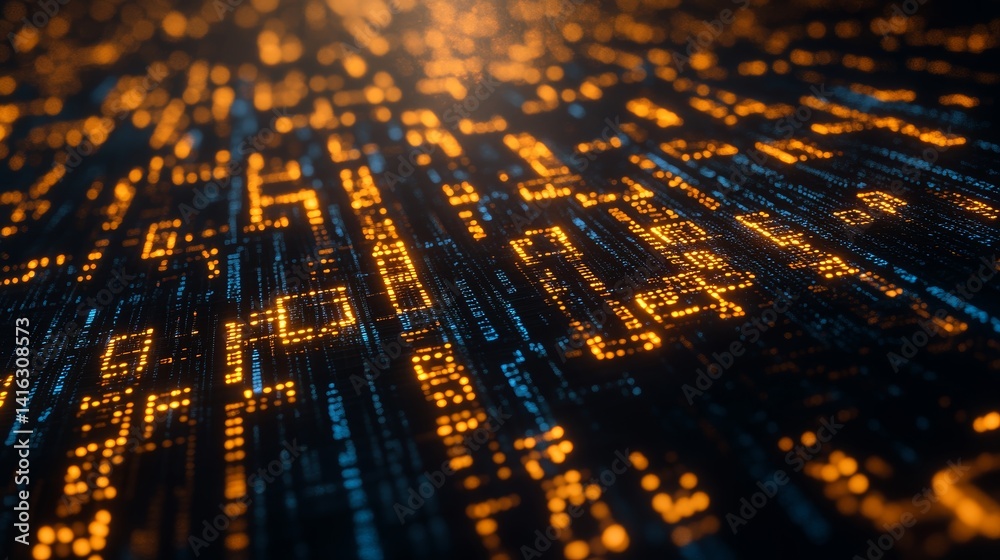 Poster glowing data stream: futuristic encryption and digital background with bokeh
