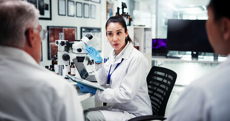 Research, people and woman with tablet, feedback and meeting for experiment results. Healthcare,...