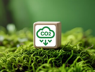 Environmental sustainability image featuring CO2 emission reduction icon on a wooden cube in green moss, highlighting climate action and eco-conscious initiatives


