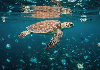 Sea turtle swimming through polluted ocean waters filled with plastic debris, highlighting environmental issues