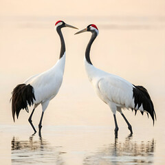 Naklejka premium Red-crowned cranes, elegant full-body view of two cranes standing gracefully, with their striking red crowns and white feathers, set against a serene landscape of snow or tall grasses.