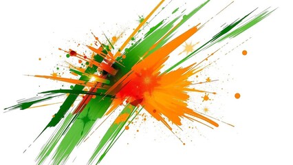 Dynamic abstract art with vibrant green and orange paint splatters, creating a striking visual impact against a clean white background.