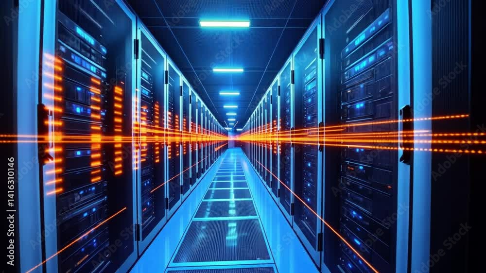 Poster high-tech data center with illuminated server racks and glowing lines