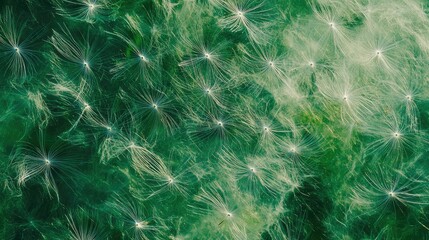 Obraz premium Abstract aerial view of delicate white filaments on lush green background creating an organic texture that evokes nature's beauty and harmony with soft light effects.