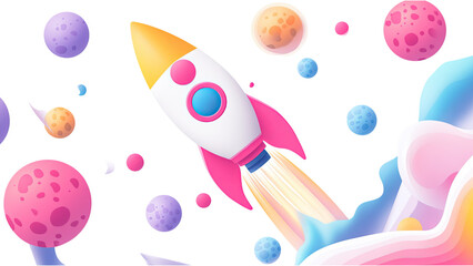 A Colorful Rocket Launching into a Pastel Space: Adventure into a Whimsical Cosmic Landscape